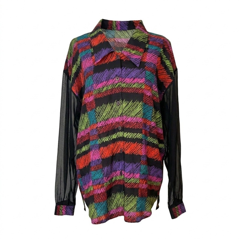 Marnie West‎ Abstract Scribble Print 80s Button Up Shirt Sheer Mesh Back M